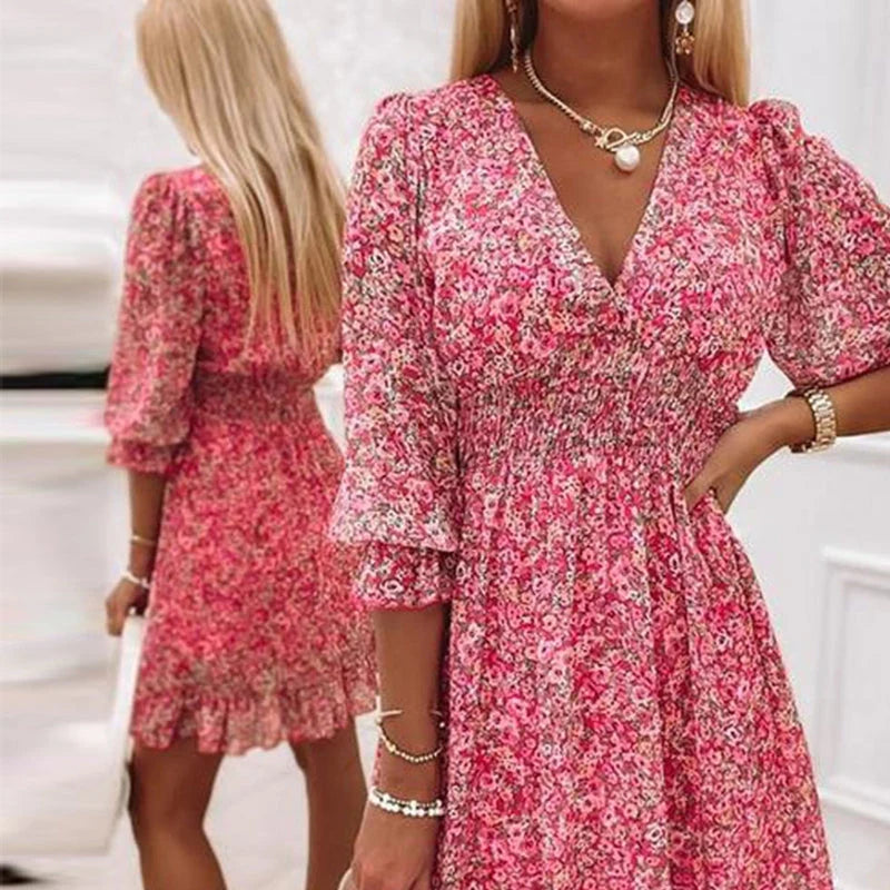 Robe longue fleurie bohème Laureen : tissu fluide, coupe élégante, imprimé floral. Parfaite pour l'été. Du S au 3XL. Livraison France, Belgique, Suisse.